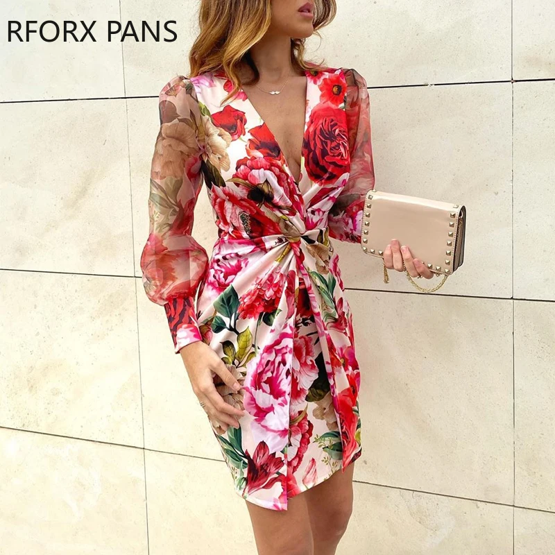Mesh Floral Print Twisted Waist Midi Dress Elegant Night Out Bodycon Party Dress