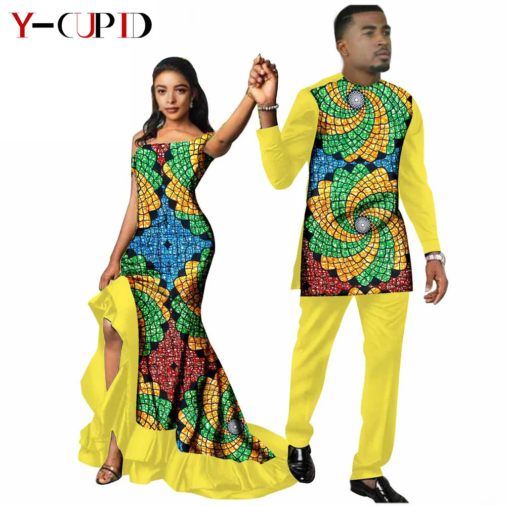 African Clothes For Couples Women Ruffles Long Dresses Matching Men Outfit Top And Pants Sets Party Wedding Vestidos S20C009