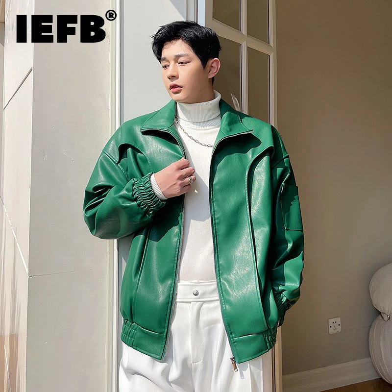 IEFB Men's streetwear short coat 2022 new spring Loose PU Leather green Jacket Korean trend zipped oversized coats male 2022 brown biker jacket