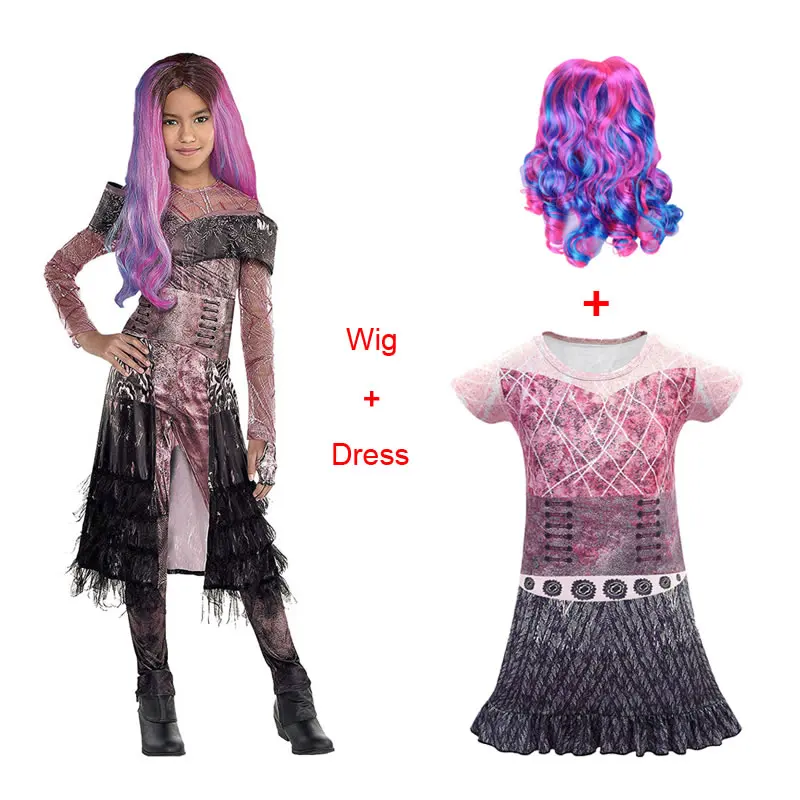 Pink Wig Костюм для девочек «Потомки 3», платье для Хеллоуина, Нового года, Эви мал, косплей, Детский парик, Эльза, маскировочное платье, детская одежда для церемонии, 10, 12 - Цвет: Pink Wig