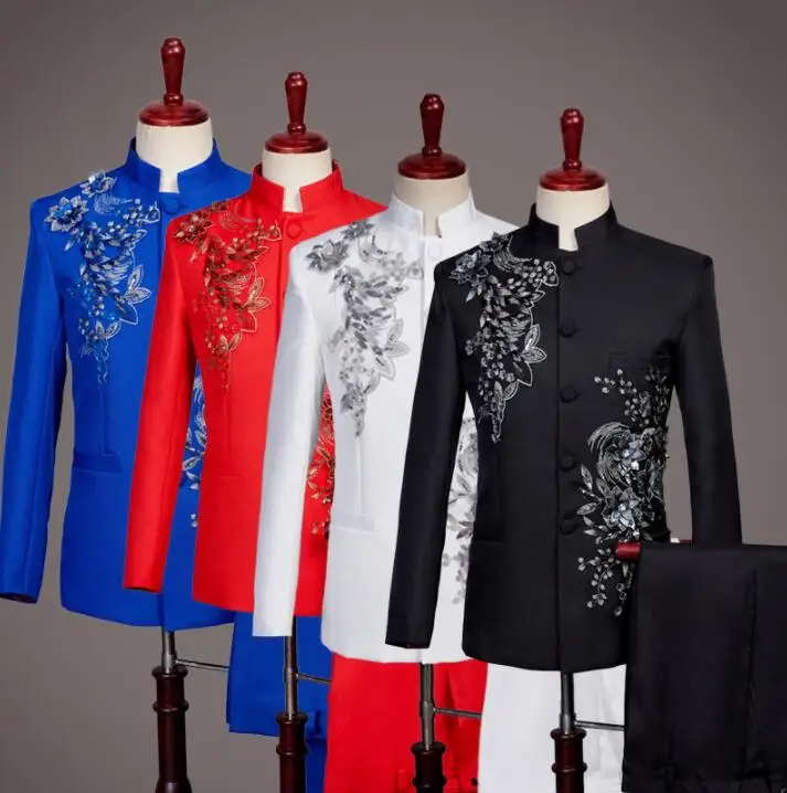 flower Sequin blazer men suit set with pantsfashion mens wedding suits costume singer star style stage clothing formal dress