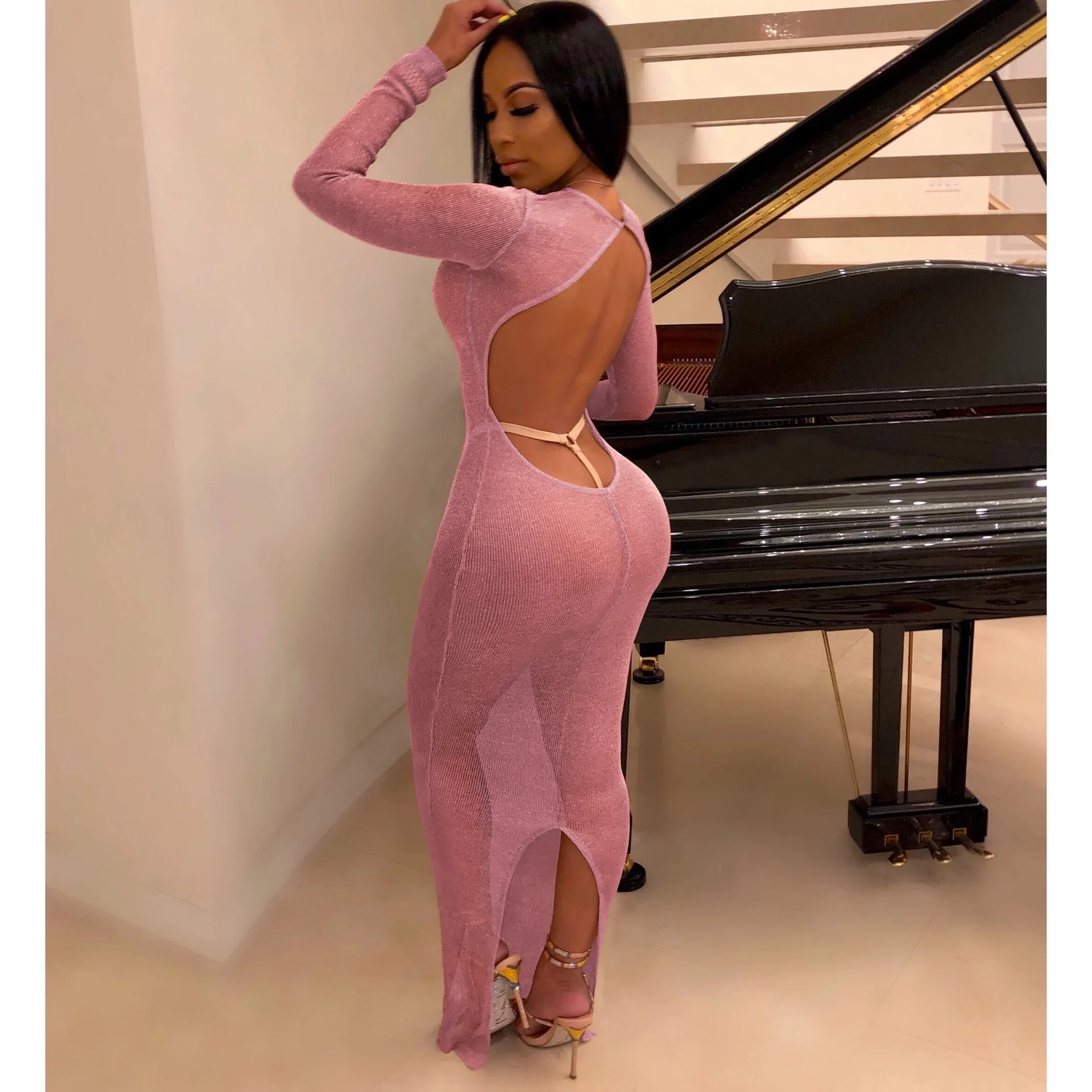

OMSJ Bright Sexy Backless Party Maxi Dress See-throught Long Sleeve Bodycon Beach Dresses Turtleneck Vestidos Clubwear Outfits