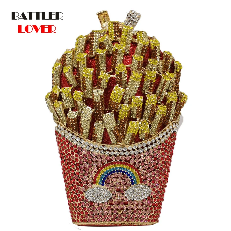 Luxury French Fries Chips Rainbow Clutch Minaudiere Shoulder Bag Women Crystal Evening Bag Diamond Wedding Handbag Bridal Purse