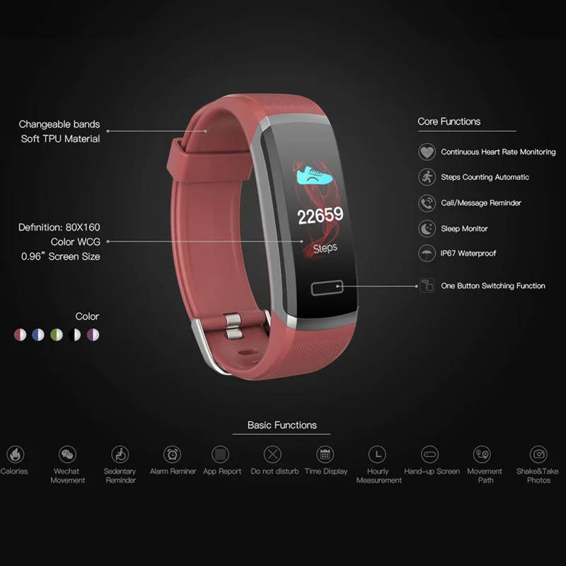 Hot new GT101 color screen smart bracelet heart rate sports bracelet sleep monitoring step waterproof