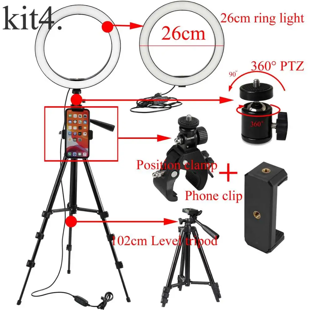 Портативный Камера кольцевой светильник для фотосъемки светодиодный селфи видео светильник для макияжа, кольцевая лампа с штатив-Трипод стойка кронштейн и зажимом для телефона - Цвет: Kit 4
