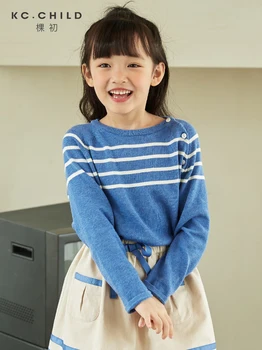 

KC.Child Girls Sweater Babys Kids Knitted Tops Cotton Warm Sweater Blue Striped Button Closure Long Sleeves Age2-10Y