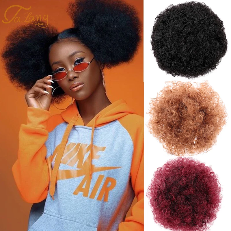 

TALANG 8Inch Short Hair Synthetic Clip in Hair Bun Hairpiece Puff Afro Curly Drawstring Ponytails For Black Women