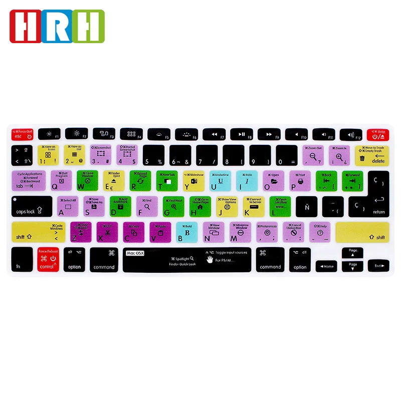 

HRH For Mac OSX Spanish Shortcuts Function Silicone Keyboard Cover Protector Keypad Skin For Mac Air Pro Retina 13"15"17" EU/US