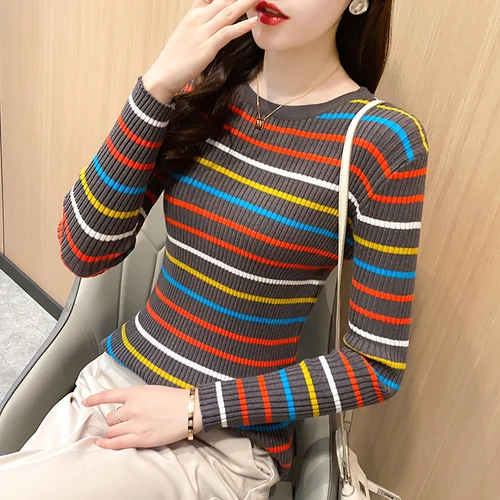 New Women Rainbow Stripe Sweater Winter Slim Long Sleeve Pullover Tops Korean Ladies Knitted Elegaht Sweaters Woman Jumper Mujer Dark Gray