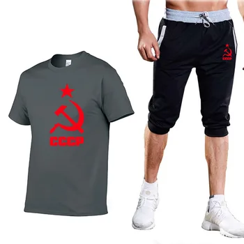 

Men's T-Shirt for CCCP Russian USSR Soviet Union Print Summer Solid color Mens Short sleeve suits O-neck T-Shirt+Pants Suit 2Pc