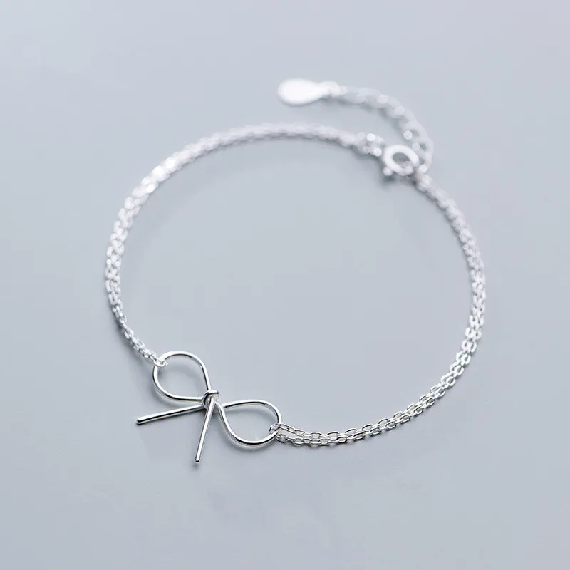 Настоящее 925 пробы, серебряный, Двойная Цепочка, полый, с бантом, элегантный браслет, хорошее ювелирное изделие для женщин, романтические, юбилейные, вечерние