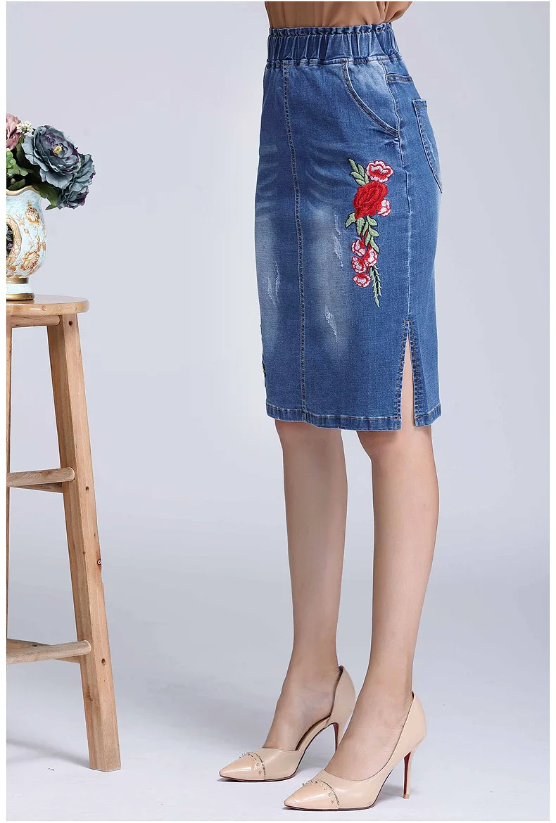 Вышивка Цветочные Джинсовые Юбки Женская одежда для тела плюс размер европейский стиль длиной до колена Юбки