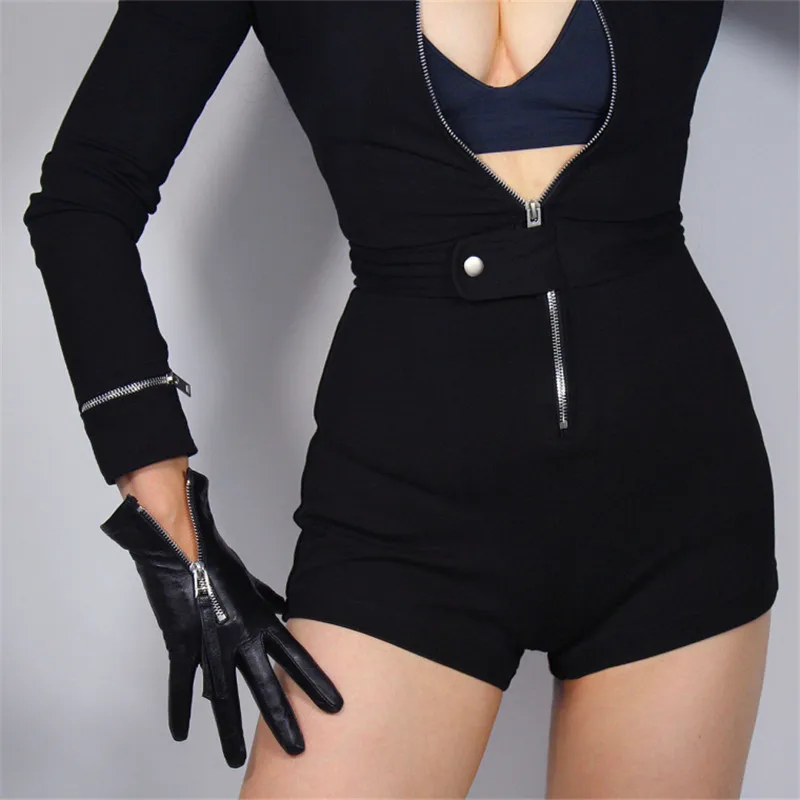 

Touch Screen Genuine Leather Gloves 21cm Short Section Pure Imported Goatskin Bright Black Female Touch Silver Zipper WZP10