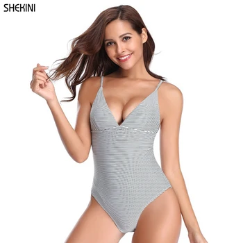 

SHEKINI Women's Stripes Printing High Cut Backless Swimwear Women Sexy Summer Solid One Piece Swimsuits Monokini