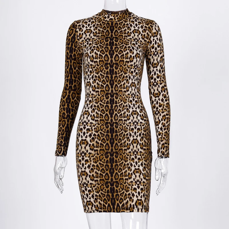 Hugcitar Леопардовый принт с длинным рукавом облегающее сексуальное платье осень зима женские уличные вечерние праздничные платья наряды - Цвет: Leopard mini