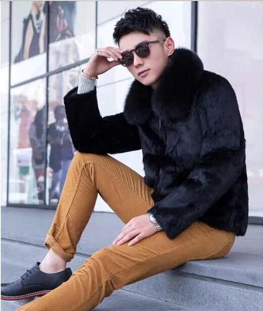 Jaqueta De Couro Masculina размера плюс искусственный мех кролика пальто ветровка повседневная с отложным воротником роскошное мужское меховое пальто S70