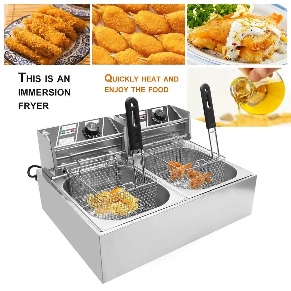 

Commercial Professional Electric Stainless Steel Double Pots Deep Fryer Twin-tanks With Lids Baskets 2 x 10 Liter EU Plug