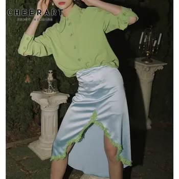 

CHEERART Green Wave Lace Asymmetrical Skirt Women Designer 2020 Fashion High Waist Ladies High Low Skirt Knee Length