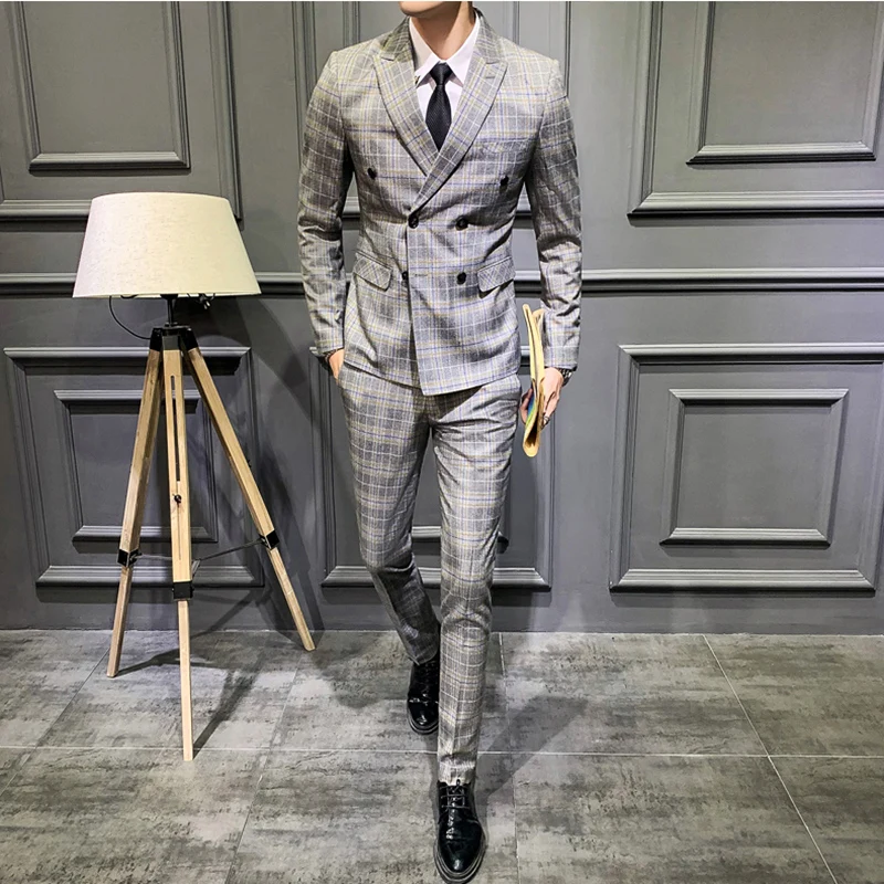 Черный, серый, синий клетчатый костюм для мужчин Slim Fit Свадебное платье для мужчин из трех частей s двойные приталенные пиджаки сценическое элегантное платье Q763