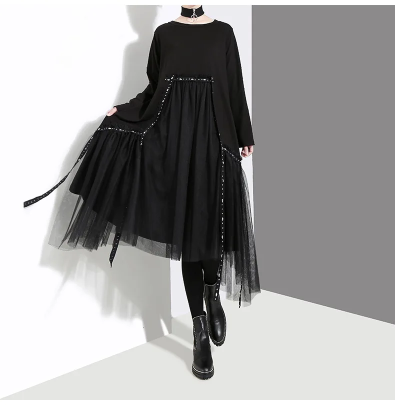 [EAM] женское черное асимметричное платье с сеткой, новинка, круглый вырез, длинный рукав, свободный крой, модный стиль, весна-осень, 1D757