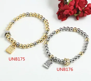 

Fashion Women Men Silver Color Gold Bead Steel Crystal Crown Hearts Lock key UNO de50 Round Bead Adjustable Bracelet Jewelry