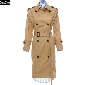 

Cultiseed Women Fashion Trench Coat Female Striped Patchwork Cotton Double Breasted Outwear New Office Work Party Long Trench