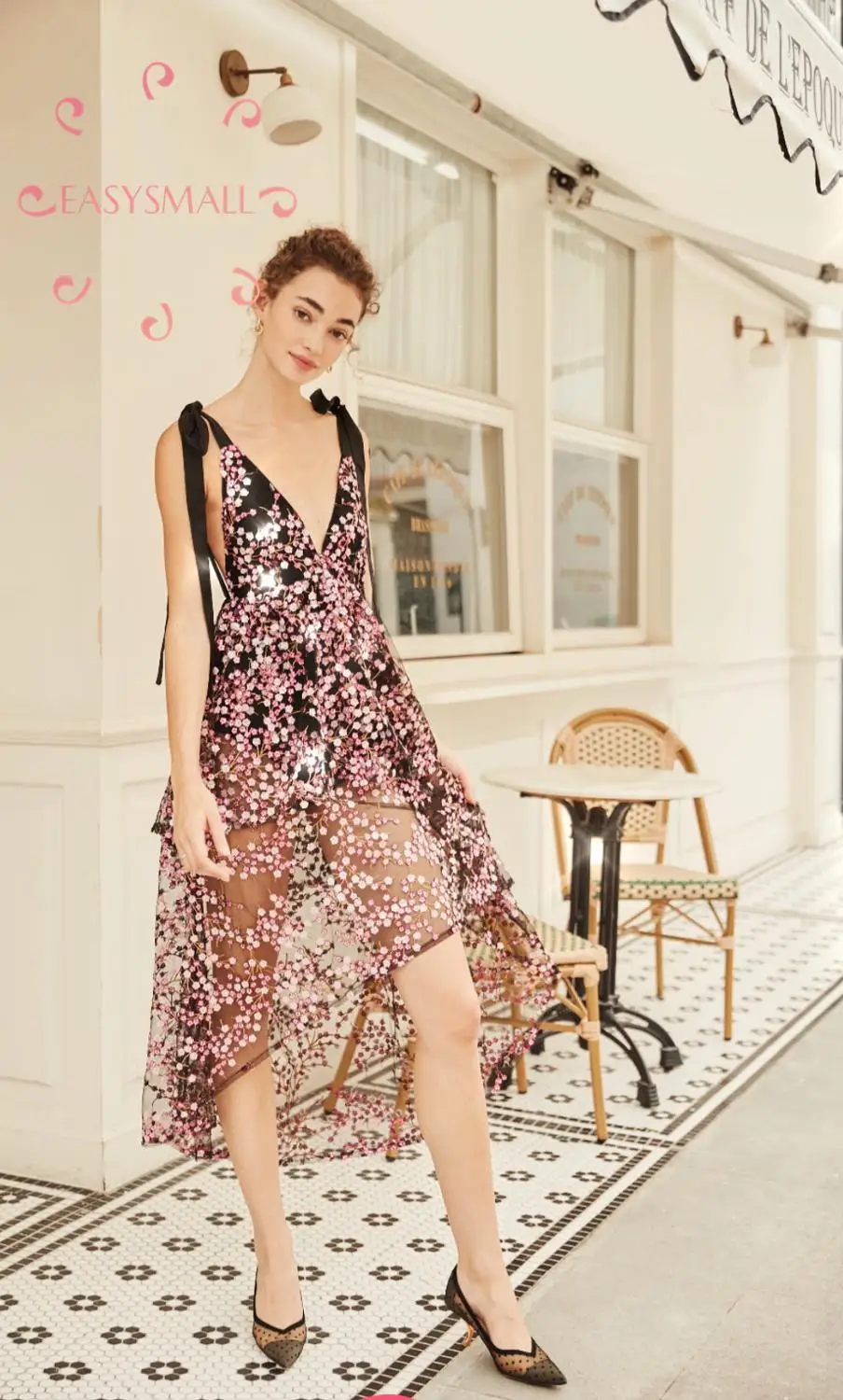 EASYSMALL For love lemons, женское платье, расшитое блестками, цветочное на лямках, высококачественные вечерние уличные платья без рукавов с высокой талией