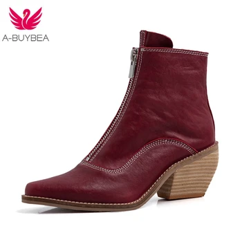 

Leather Boots Women Genuine Pointed Toe Mid Heel Ankle Boots Thick Square Heel Slip on Western Boots Cowboy Boots Women 2019 New