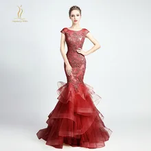 Бордовые платья для выпускного вечера новейшие кружевные аппликации Русалка с отделанный бисером ярусный юбка винтажные женские Формальные Вечерние платья
