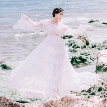 

COIGARSAM 2020 Summer Lace Long Women Evening Party Maxi Vintage Lady White Off Shoulder Floor-length Tassel Dress Tun