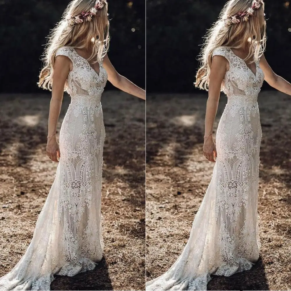 

Vintage 2019 Full Lace Mermaid Wedding Dresses V Neck Cap Sleeve Bridal Gowns Bohemian Beach Garden Custom Made vestido de