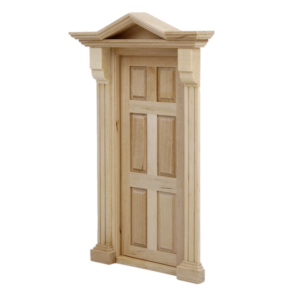 Dolls House Miniature Steeple Top 6 Panel Natural Wooden Door & Frame DIY
