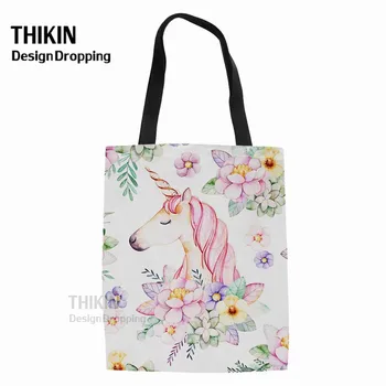 

THIKIN Cute Unicorn Tote Bags For School Girls Book Bag Students Foldable Reusable Canvas Shoulder Bags Korean Style Backpack