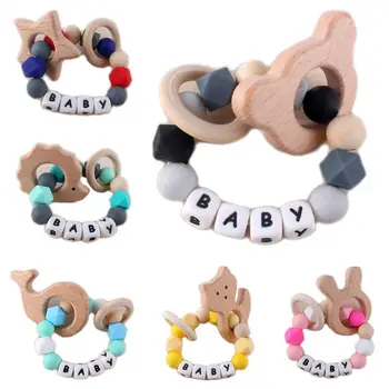 

Cute Baby Teether Toys Wooden Beads Newborn Teething Molar Toy Silicone Small Bracelet Crib Rattle Decoration