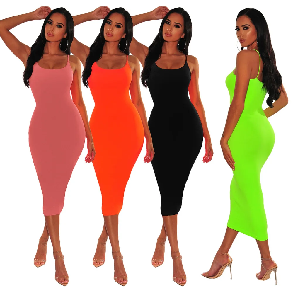 

2020 Summer New Dress for Women Hot European and American Solid Color Skinny Sexy Strap Nightclub Dress Women's Clothes