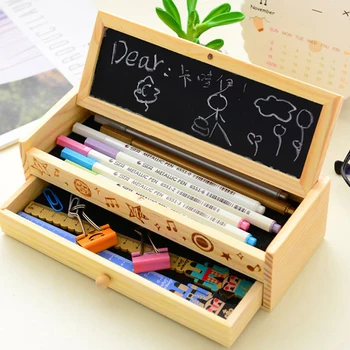 

Double Layer Creative Wooden Pencil Case with DIY Blackboard Multifunction Korea Style Children Stationery Box School Supplies
