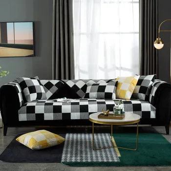 

Four Seasons Chenille Sofa Cover Black and White Plaid Sofa Cushion Modern Simple Non Slip Sofa Towel Home