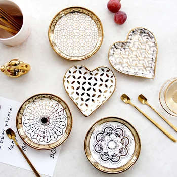 

European Golden Luxury Dessert Plate Ceramic Exquisite Snack Cake Pan