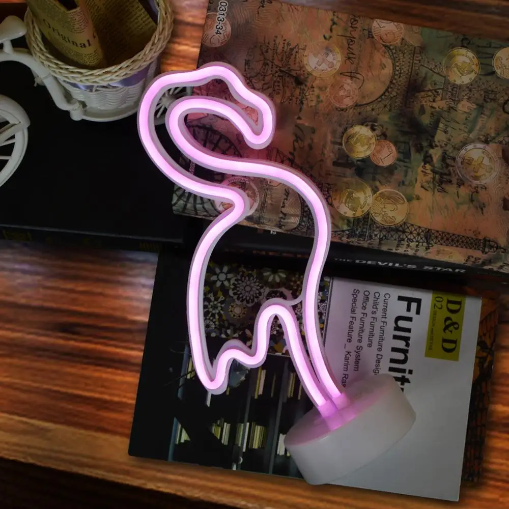 Battery/USB LED Neon Night Light Sign Flamingo Unicorn Coconut Tree Cactus Pineapple Table Lamp Kids Bedroom Christmas Art Decor 4