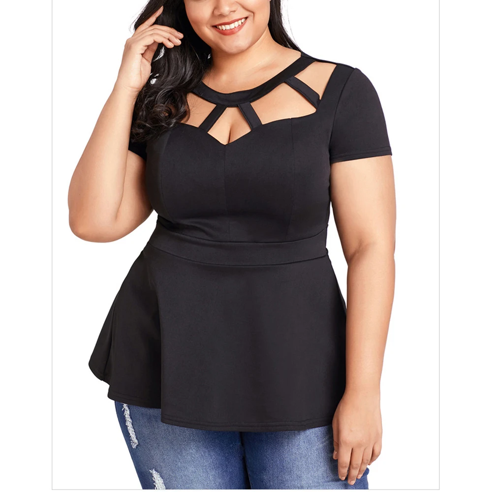 

Woman Plus Size Blouse Big Size Ladies Black Shirts O-neck Short Sleeve Tops Hollow Out OL Blusas Fashion Casual Tunic Clothing