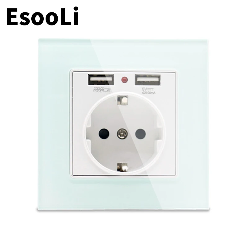 Розетка стеновая EsooLi стеклянная с двумя USB портами 2 1 А 16 А|Электрические розетки|