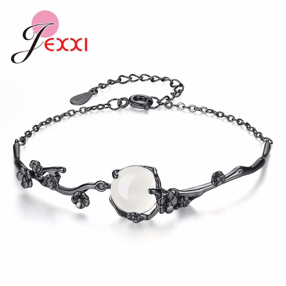 Новая мода 925 стерлингового серебра цветок Лунный камень, Опал Подвески регулируемые кольцеобразные браслеты для женщин Элегантный ювелирный подарок