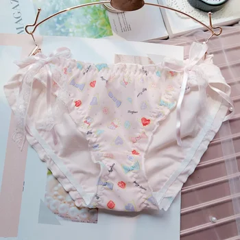 

New Lolita Women Sweet Panties Cute Bowknot Cartoon Print Fancy Ribbon Underwear Babydoll Student Kawaii Women Breathable Briefs