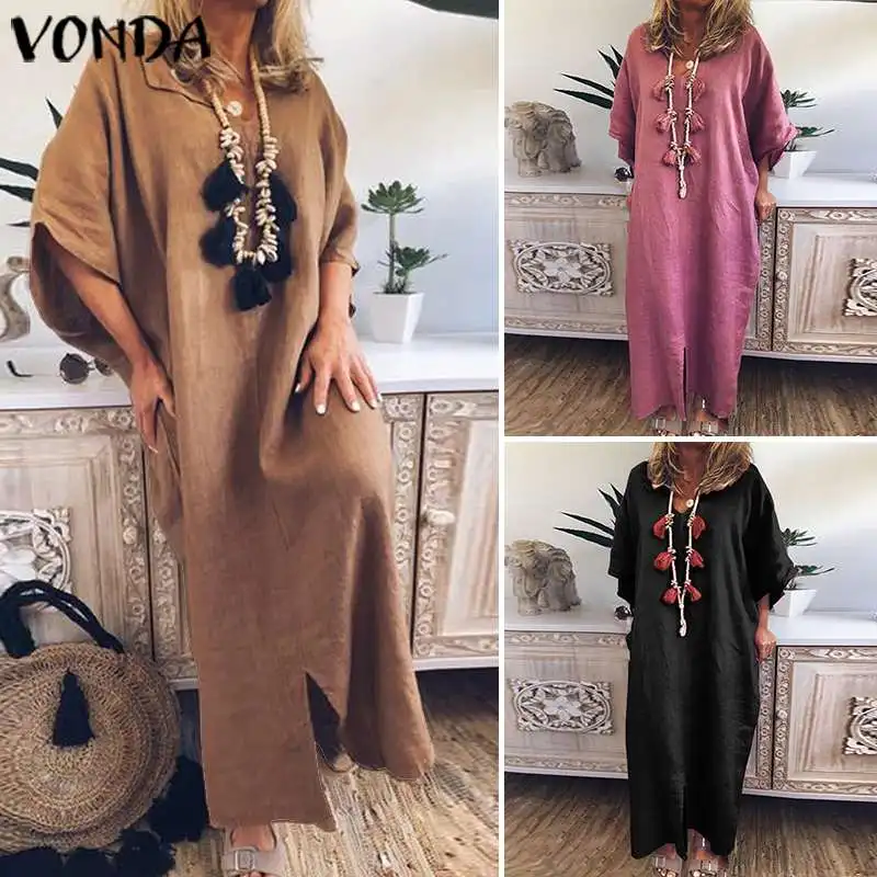 Летнее женское повседневное одноцветное длинное платье VONDA с рукавом, винтажные платья, большие размеры