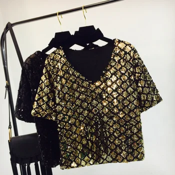 

2020 New Spring Summer Women's Sexy V Collar Loose Hanging Neck Short Sleeve Sequins T-shirt Loose Shinning Tees Tops Feminina