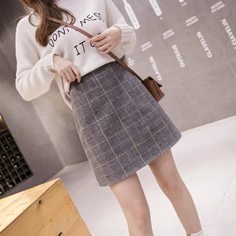 

Photo Shoot 3271 # New Style High-waisted Sheath One-step Skirt Anti-Exposure Plaid Woolen Culottes A- line Half-length Short Sk