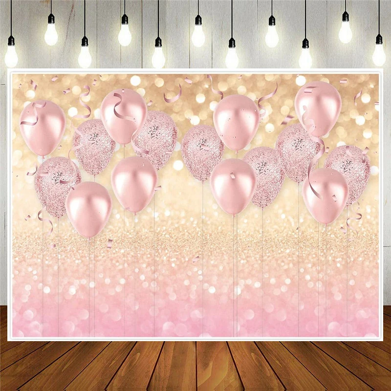 Rose Gold Birthday Party Supplies Pink Balloon Glitter Bokeh Photo Photography Backdrop For Girl Baby Bridal Shower Background |