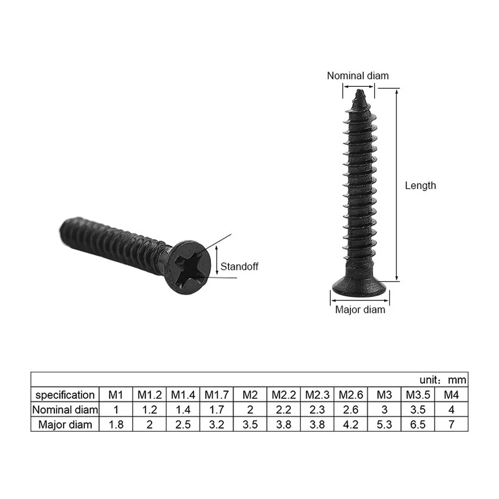 100pcs/lot Cross Countersunk Flat Head Self-tapping Screw M1 M1.2 M1.4 M1.5 M2 M2.6 M3 M3.5 M4 M5 Black Carbon Steel Phillips