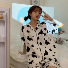 New Short Sleeve Pajamas Set For Women Polyester Silk Sleepwear 2Pcs Nightwear Cute Print Homewear Summer Lounge Pyjamas