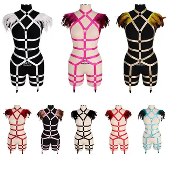 

Punk Goth Feather Harness Lingerie Set Full Body Strap Cage Waist Garter Suspender Burning Women Club Rave Elastic Close Belt